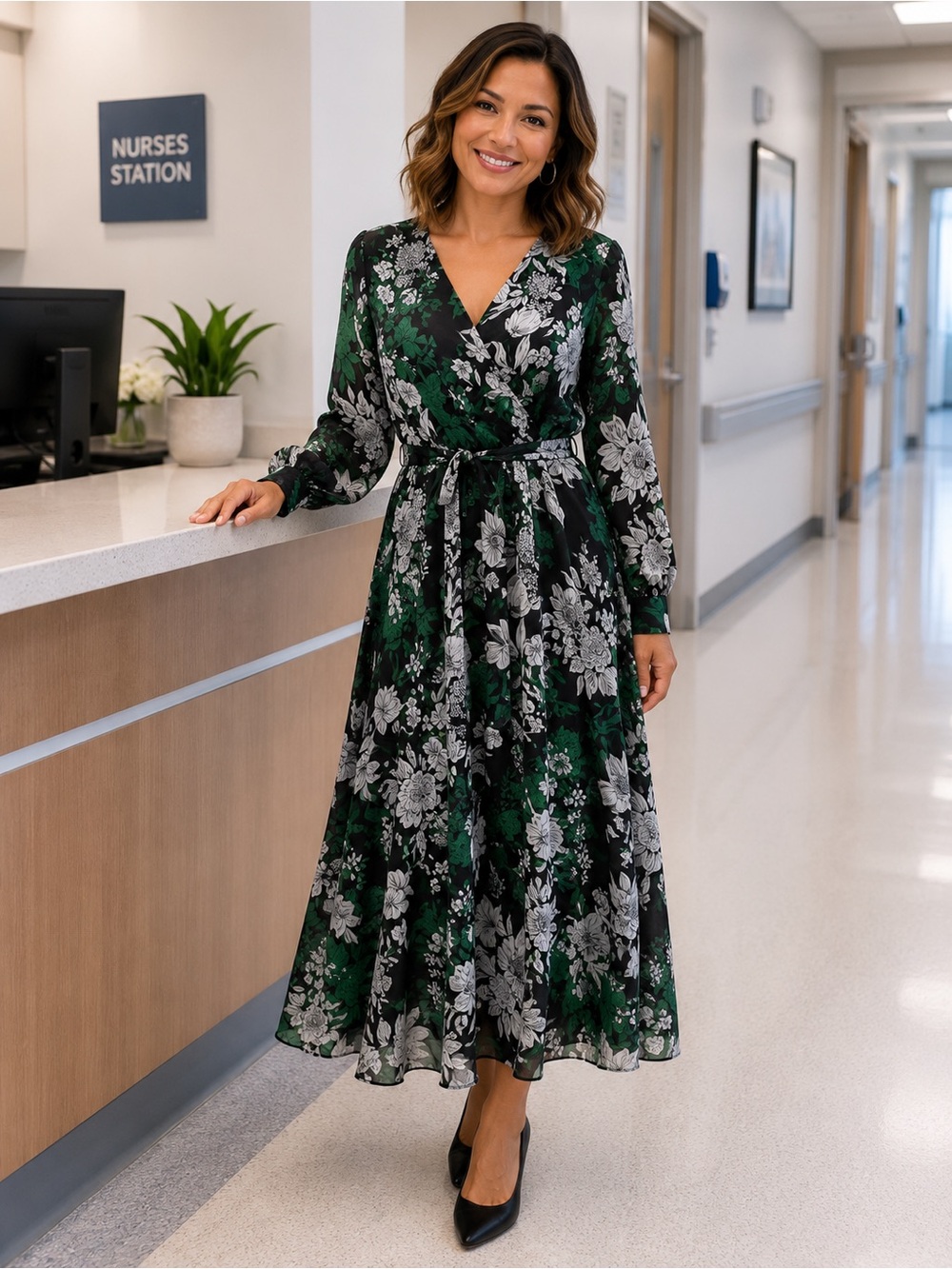 Enfocus Studio Black and Green Floral Wrap Maxi Dress